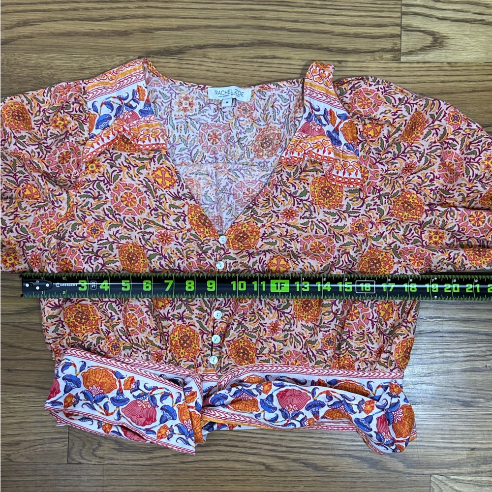 Rachel Zoe Cropped Boho V-front Tie-Front Floral Linen Top‎ Orange & Purple - Picture 10 of 14